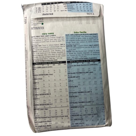 BUTTERICK | Vintage 1996 Kid's Vest Pants Skirt Pattern #4652 | Sizes 12-14 - Picture 3 of 6